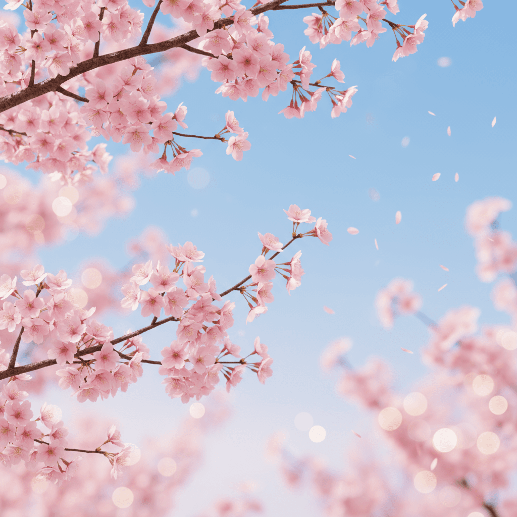 맑은 하늘을 배경으로 섬세한 분홍색 벚꽃잎과 나뭇가지, 부드러운 바람 효과가 있는 낭만적인 봄 4K 배경화면.