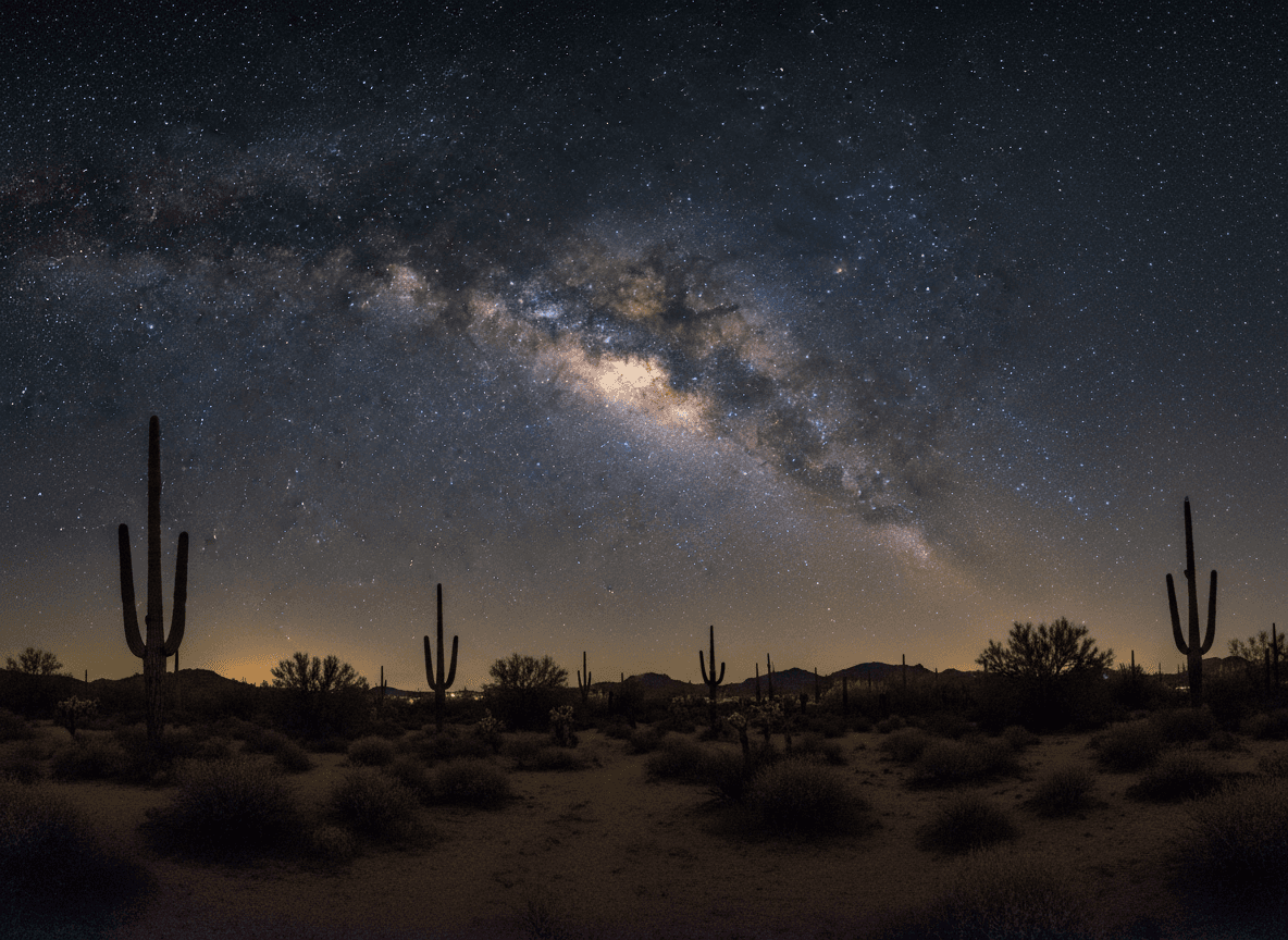 빛나는 은하수가 별이 가득한 밤하늘을 가로지르고 선인장 실루엣이 드리워진 사막 풍경의 숨 막히는 4K 천문 사진 배경화면입니다.