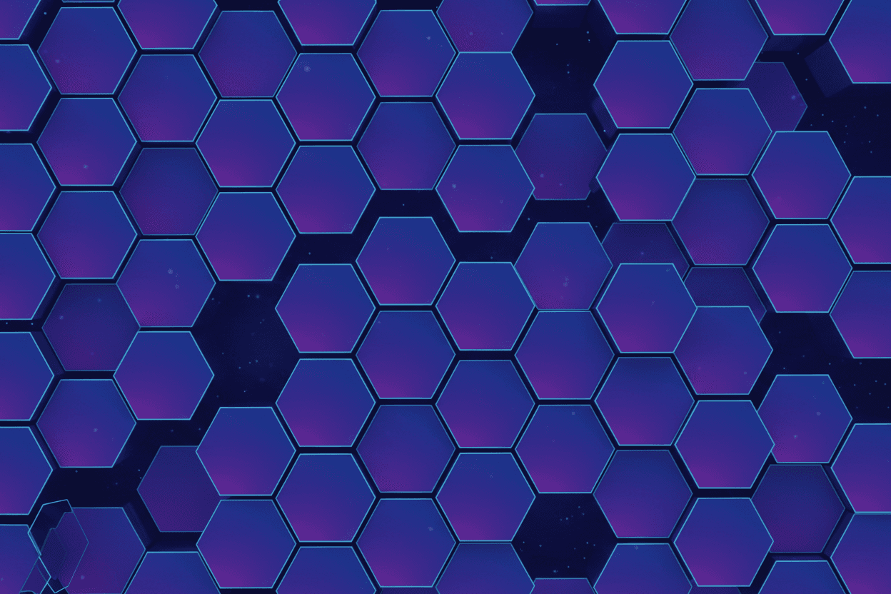 서로 연결된 육각형 모양의 기하학적 패턴과 차가운 파란색 및 보라색 그라데이션이 있는 세련된 4K 배경화면.