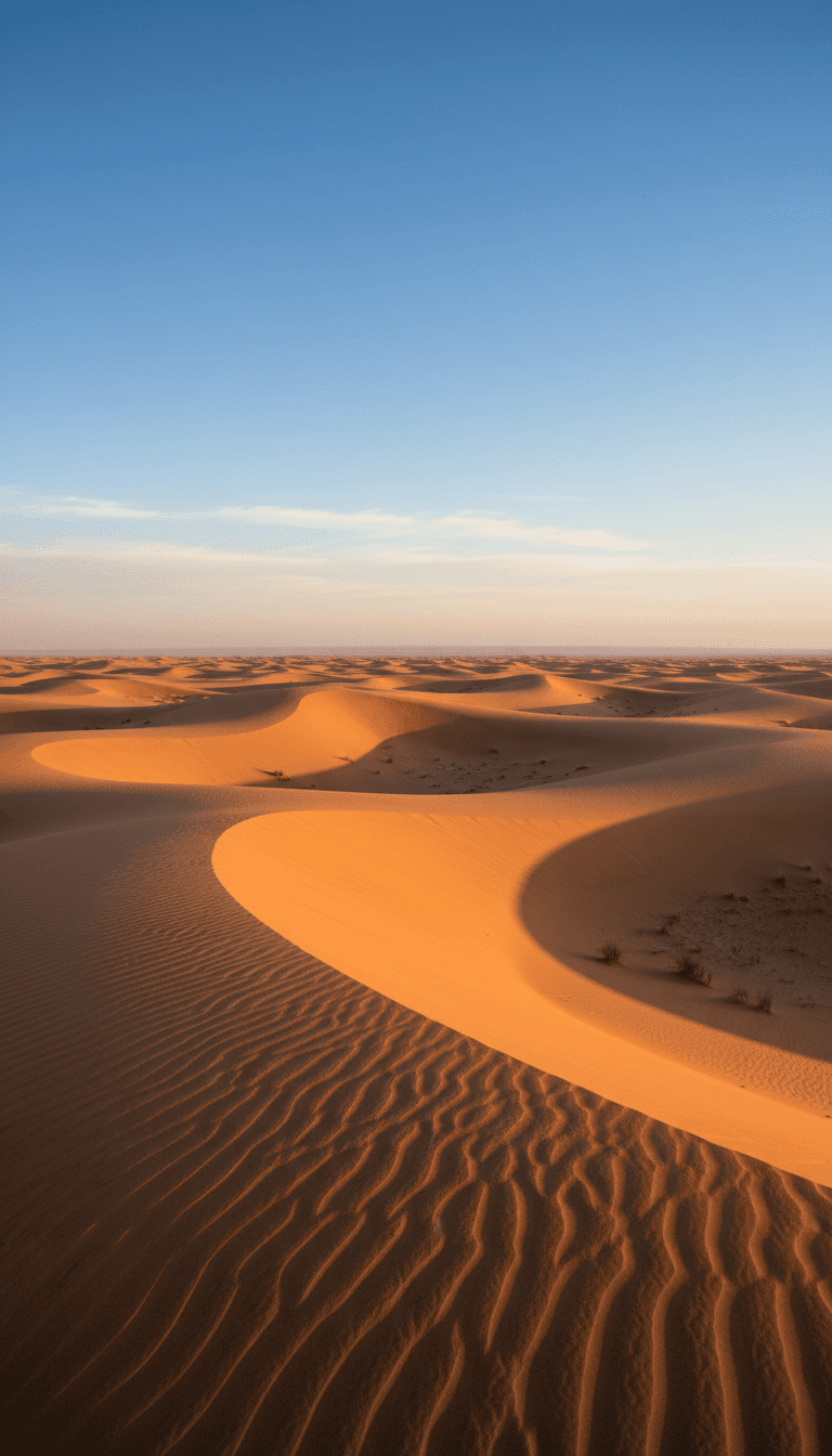 낮은 태양 아래 부드러운 곡선과 그림자가 드리워진 황금빛 사막 언덕 4K 배경화면.