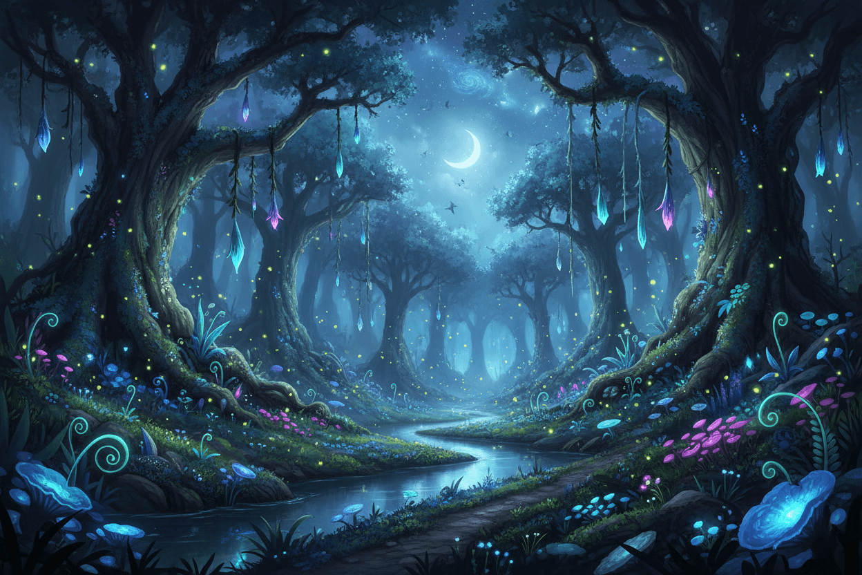 생체 발광 식물들이 부드럽게 빛나고, 고대 나무들과 반딧불이들이 어우러져 신비로운 분위기를 자아내는 환상적인 4K 야간 숲 배경화면입니다.