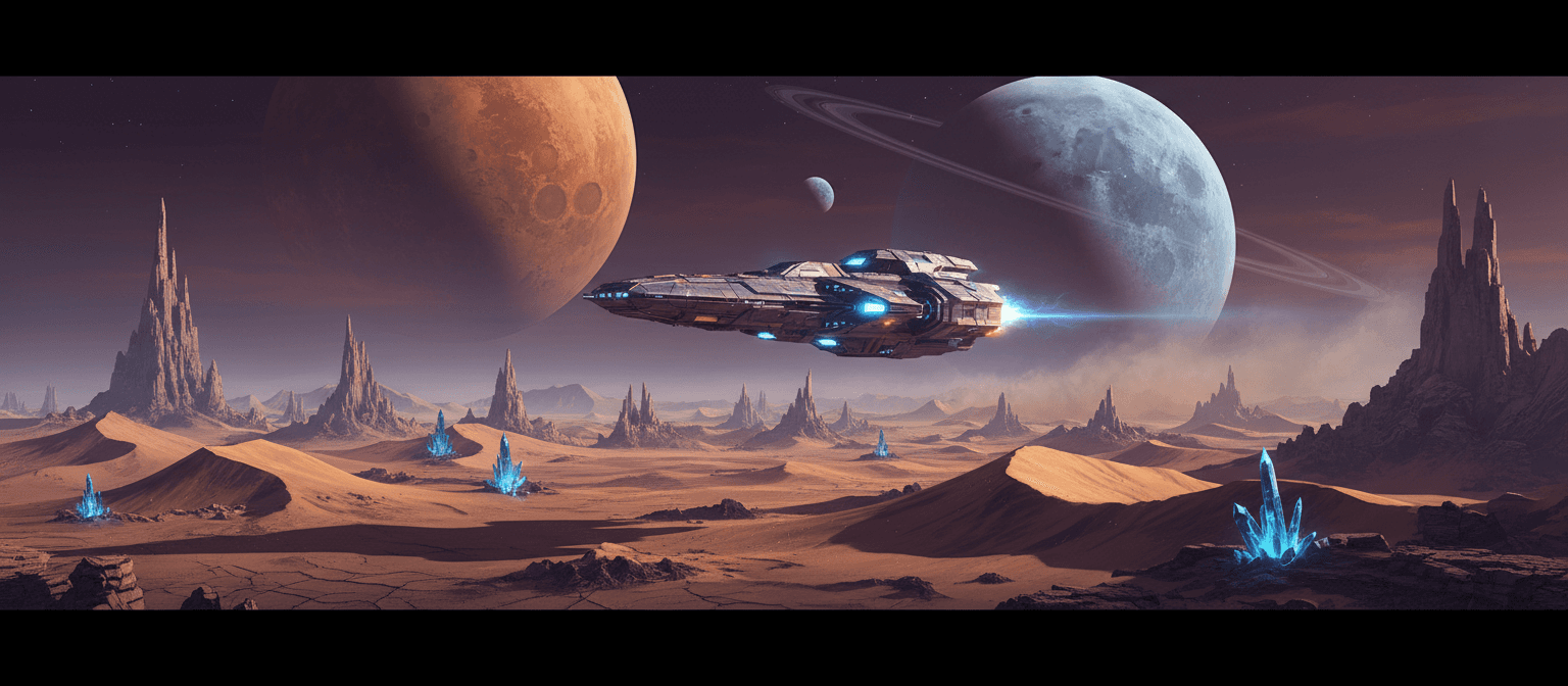 이중 달이 있는 광활한 외계 사막 행성 위에 떠 있는 공상과학 우주선의 4K 디지털 아트 배경화면으로, 신비로운 분위기를 연출합니다.