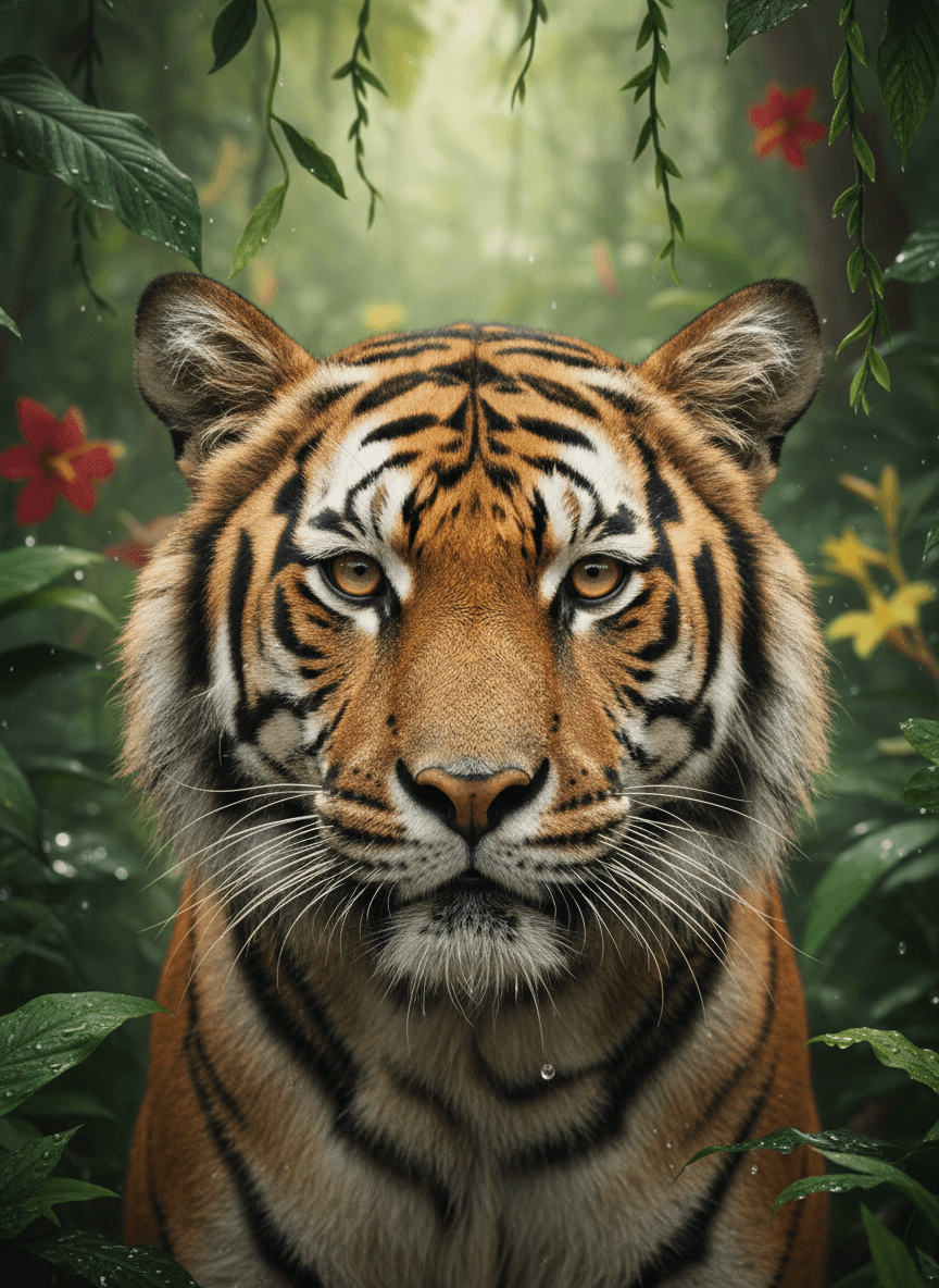 강렬한 눈빛과 섬세한 털을 가진 웅장한 호랑이의 클로즈업, 포토리얼리즘 4K 배경화면.