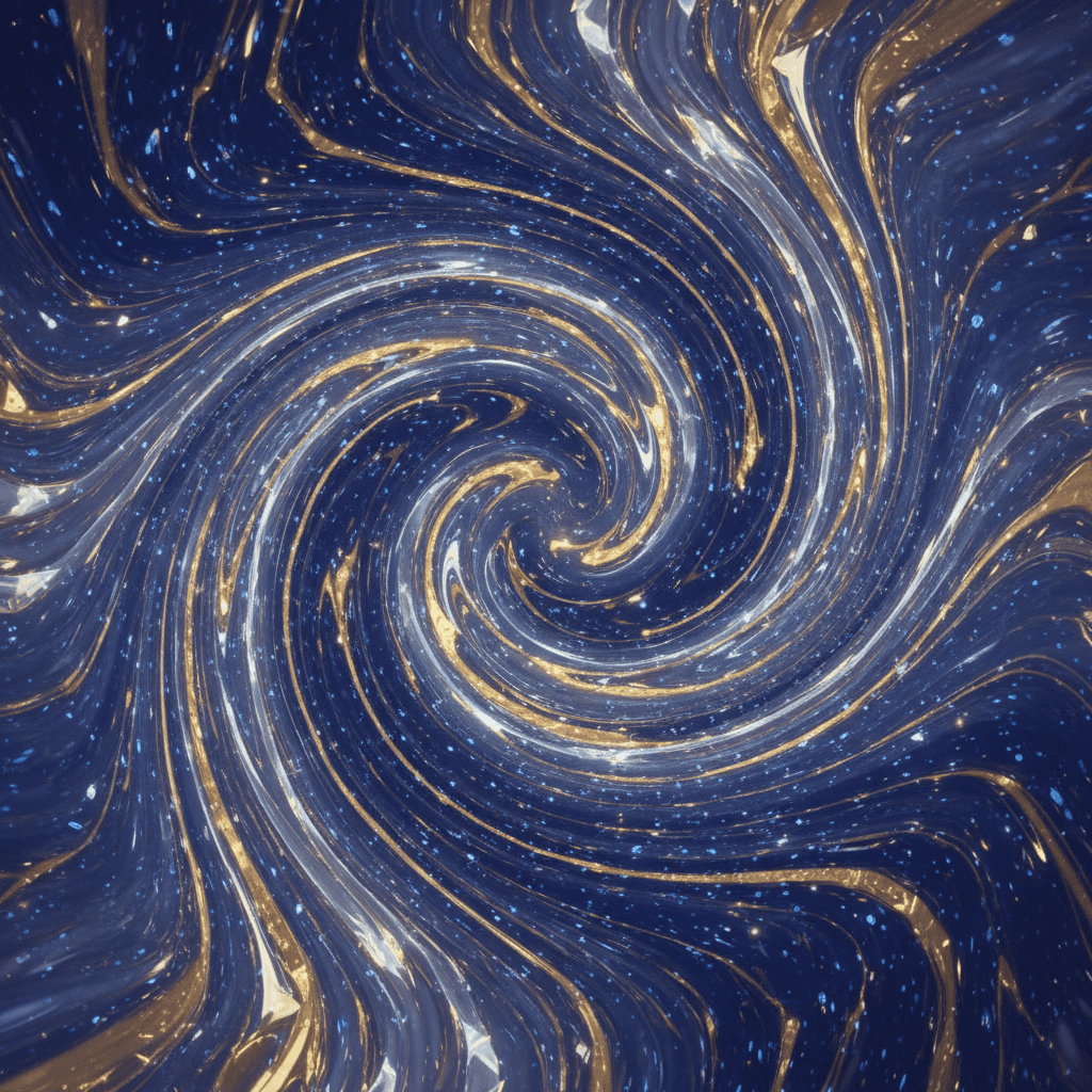 깊은 파랑, 반짝이는 금, 은색의 소용돌이치는 패턴이 액체 금속이나 우주 먼지를 연상시키는 추상적인 4K 배경화면.