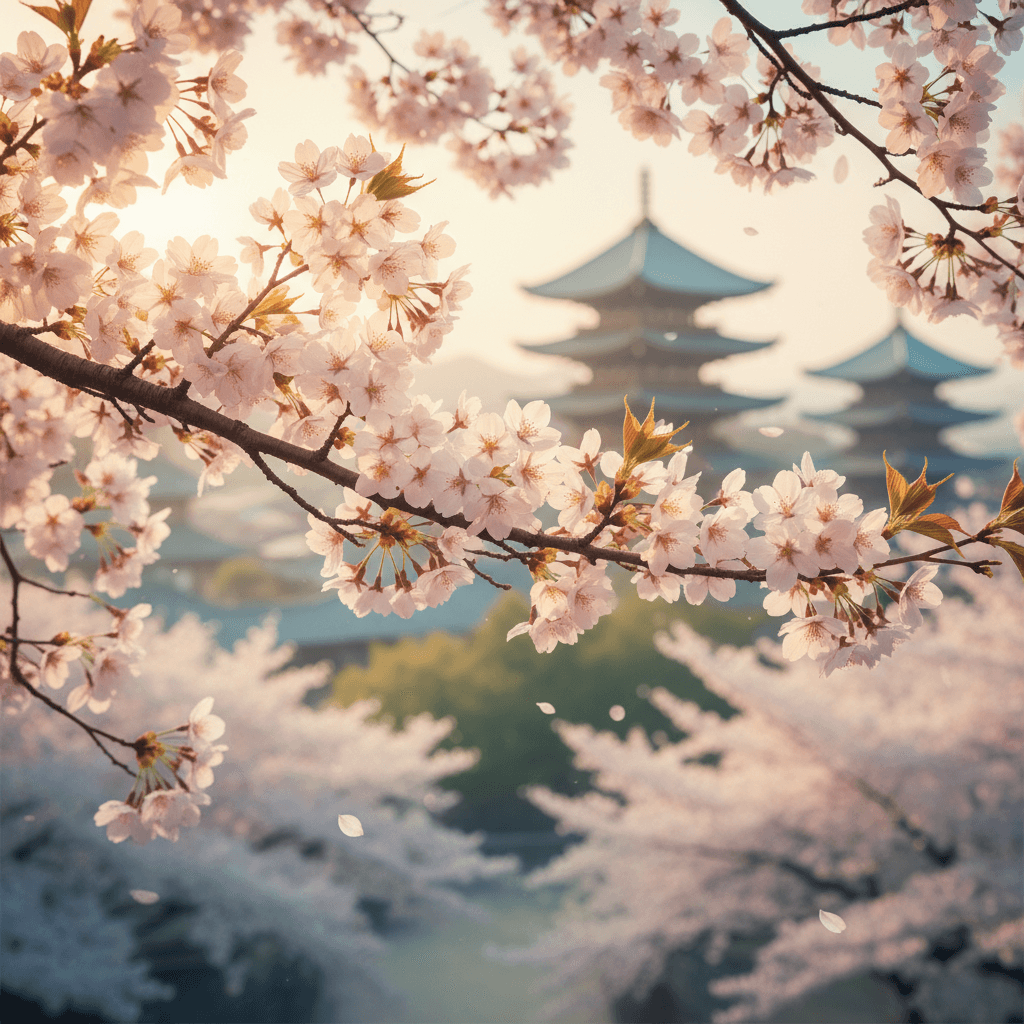 섬세한 꽃잎이 있는 벚꽃 가지와 희미한 일본 사원 배경이 어우러진 생생한 4K 배경화면.