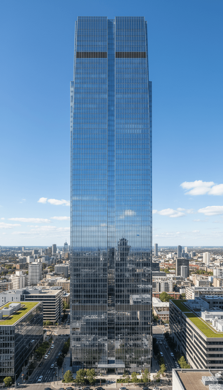 하늘을 반사하는 유리 파사드가 돋보이는 세련된 현대식 마천루 4K 배경화면.