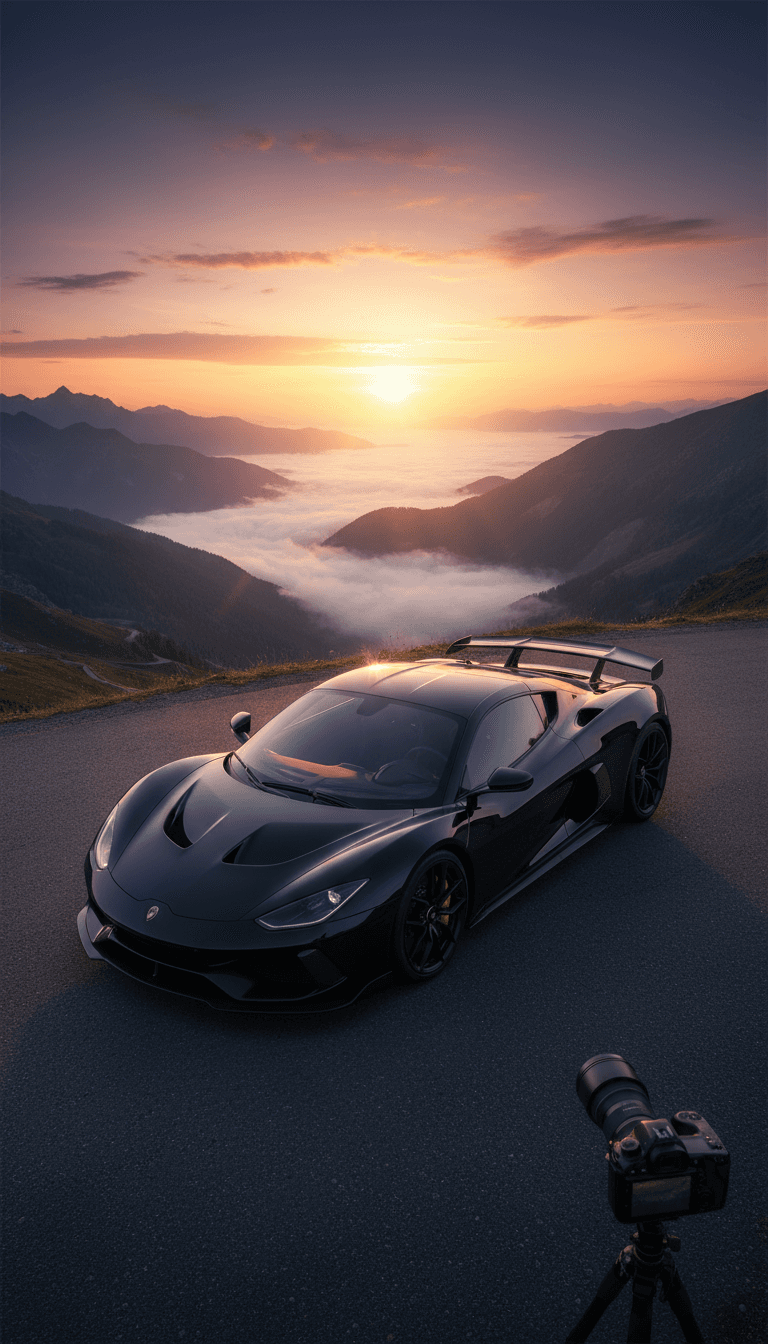 여명에 산길에 주차된 세련된 검은색 스포츠카를 보여주는 우아한 4K 배경화면, 윤곽선을 비추는 황금빛, 계곡에 휘몰아치는 안개.