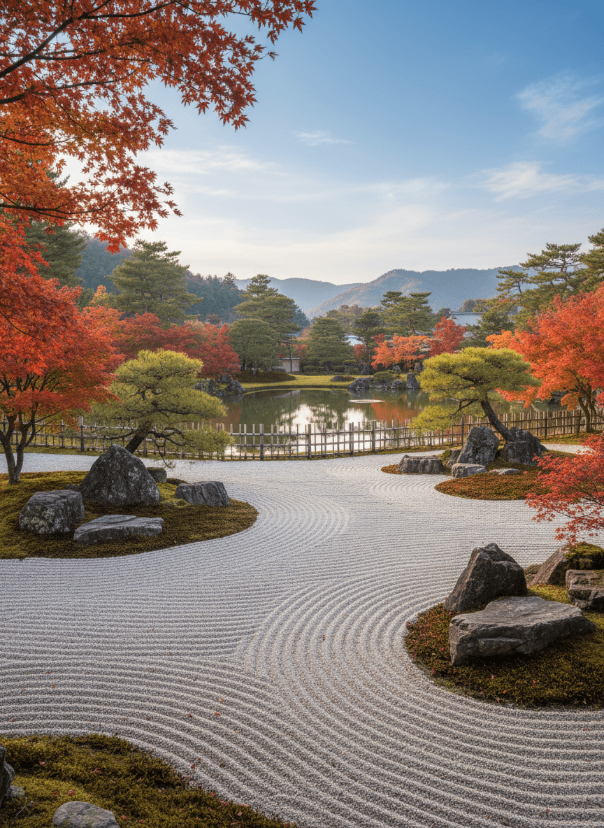 완벽하게 정돈된 고산수 정원(가레산스이), 세심한 돌 배치, 작은 단풍나무가 있는 고요한 4K 일본 정원 배경화면.