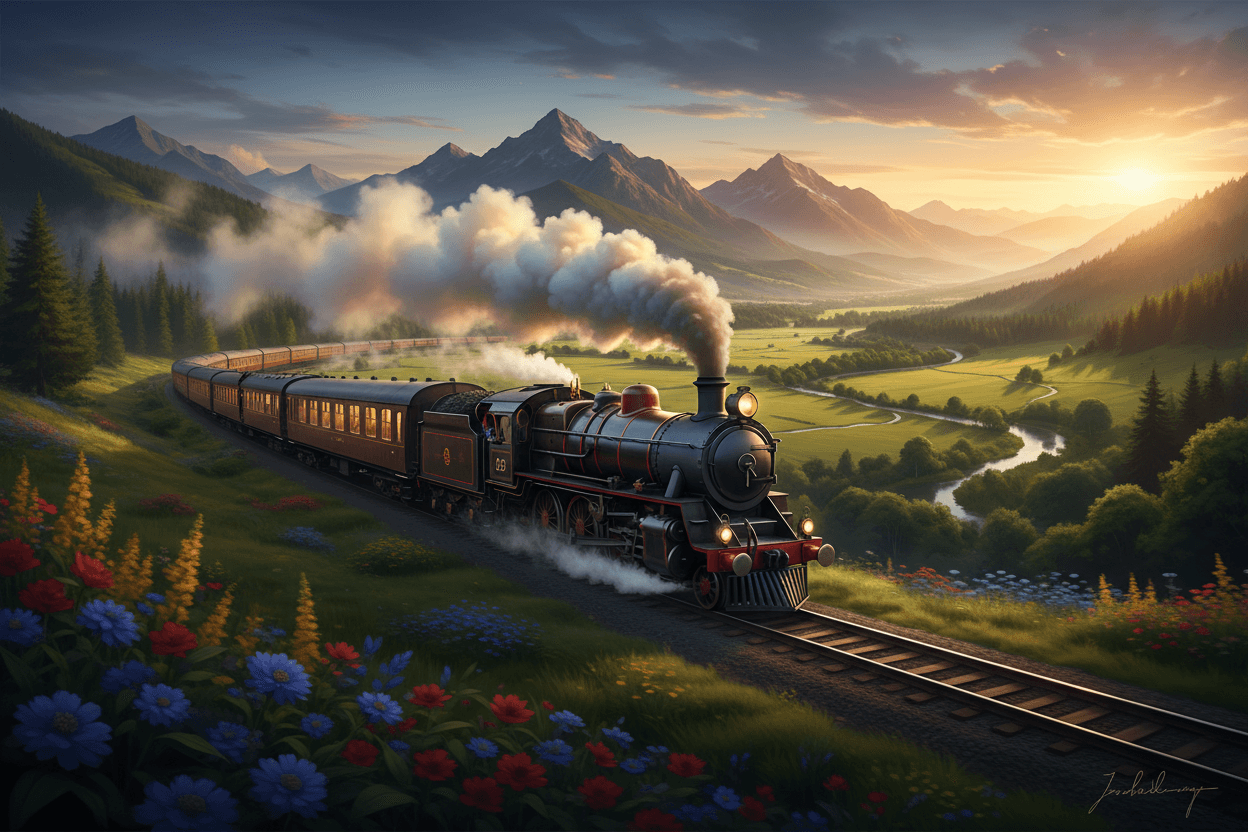 울창한 녹색 계곡을 가로지르며 달리는 역사적인 증기 기관차를 묘사한 향수를 불러일으키는 4K 배경화면으로, 아름다운 풍경과 역동적인 움직임을 보여줍니다.