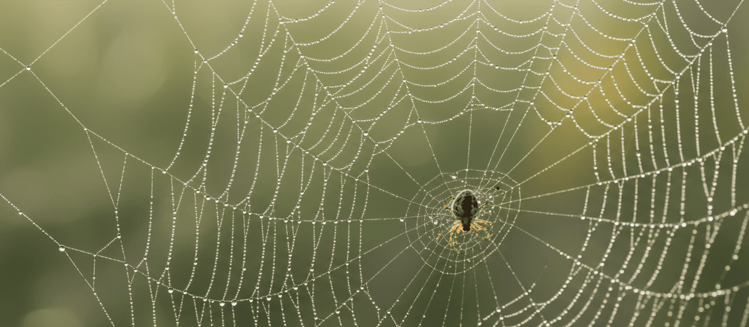 섬세한 거미줄에 맺힌 영롱한 이슬방울의 매크로 클로즈업, 부드러운 배경이 돋보이는 4K 배경화면.