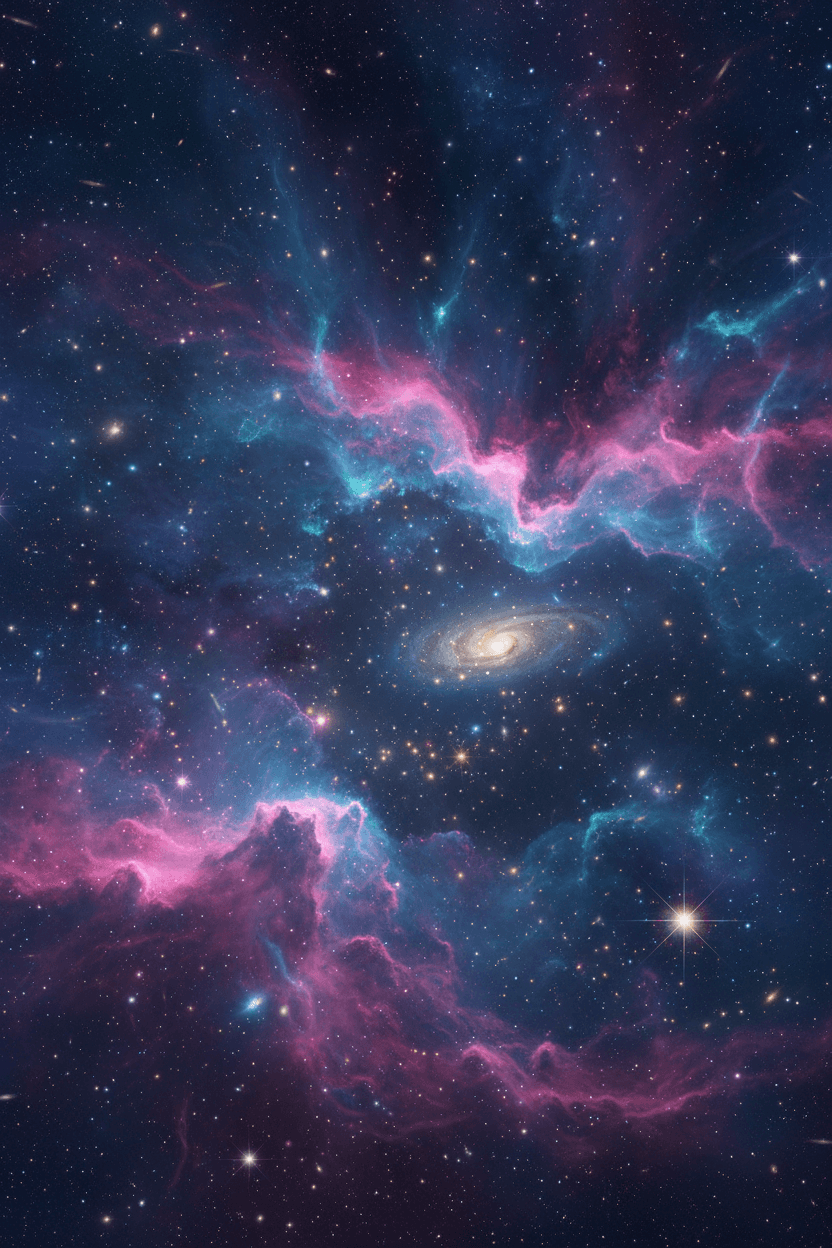 초고해상도로 포착된 푸른색과 분홍색의 생생한 색조를 띠는 깊은 우주 성운, 우주 먼지, 반짝이는 별들을 담은 숨막히는 4K 배경화면입니다.