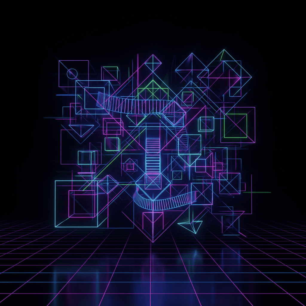 홀로그램 효과가 있는 복잡하고 빛나는 기하학적 패턴의 미래적인 4K 배경화면.