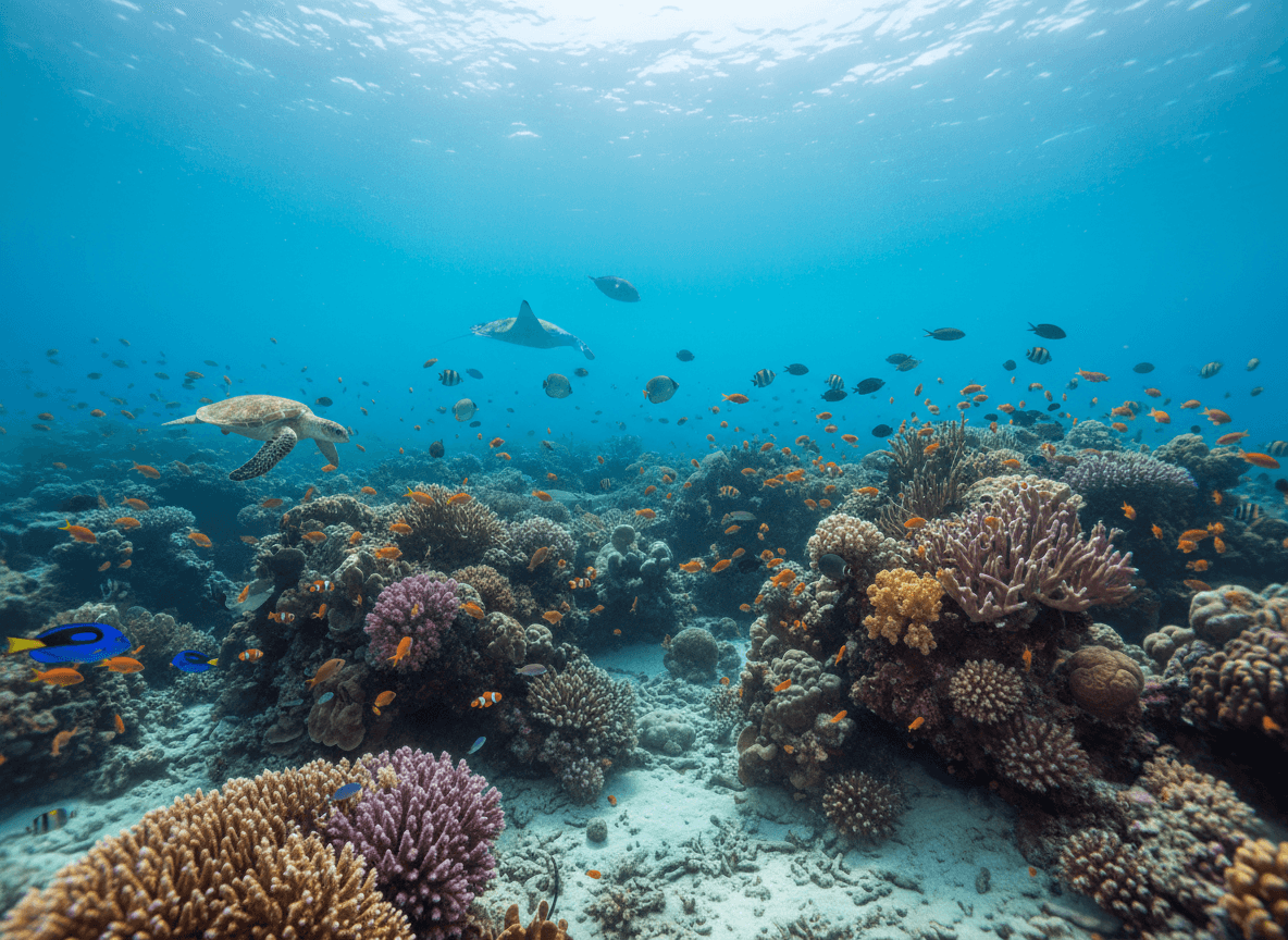다채로운 물고기와 햇빛이 스며드는 맑고 푸른 바다의 멋진 수중 산호초 4K 배경화면.