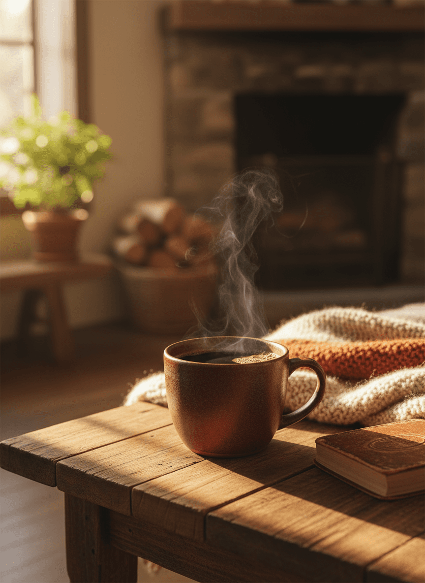나무 테이블 위에 놓인 김이 나는 따뜻한 커피 한 잔과 아침 햇살이 비치는 아늑한 분위기의 4K 배경화면.