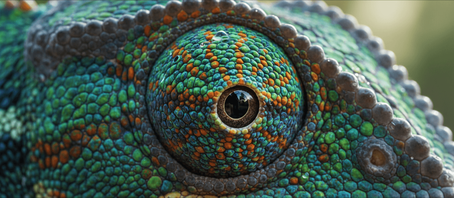 카멜레온 눈의 근접 촬영을 특징으로 하는 생생한 4K 배경화면, 복잡한 비늘, 생생한 색상 변화 패턴.