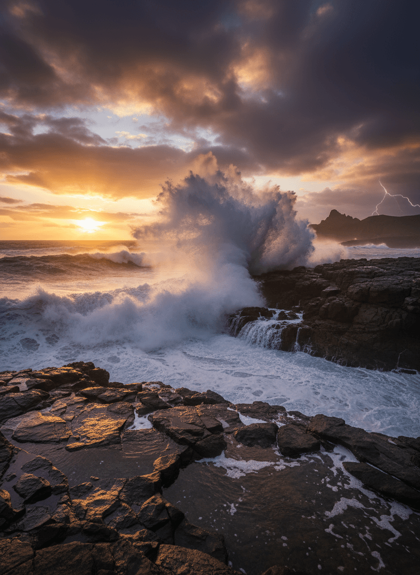 폭풍우 치는 일몰에 거친 절벽에 부딪히는 강력한 파도가 있는 극적인 4K 배경화면, 바다 안개.