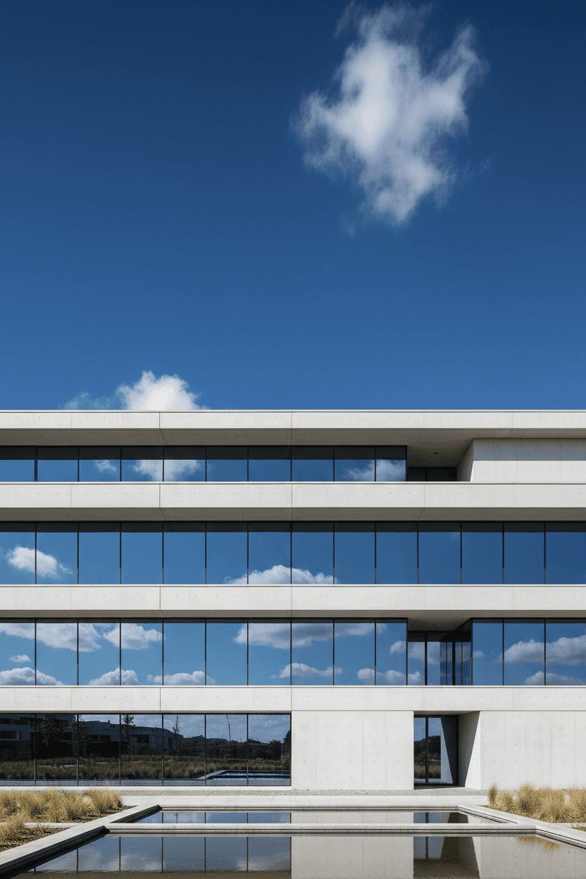 콘크리트와 유리로 이루어진 깔끔한 선이 푸른 하늘을 반사하는 미니멀리스트 4K 건축 배경화면으로, 현대적이고 우아한 느낌을 자아냅니다.