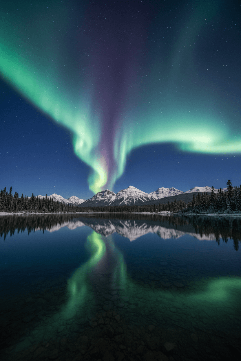 평화로운 호수 위에 생생한 오로라가 완벽하게 반사되고 배경에 눈 덮인 산이 있는 마법 같은 4K 배경화면입니다.
