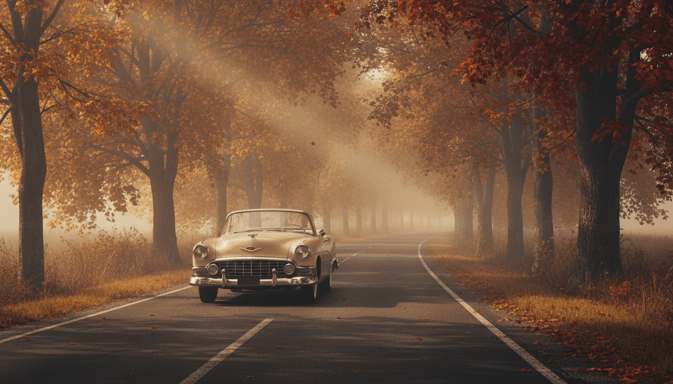 드라마틱한 조명 아래 안개 낀 시골길을 달리는 클래식 빈티지 자동차와 가을 나무들이 어우러진 향수를 불러일으키는 4K 배경화면입니다.
