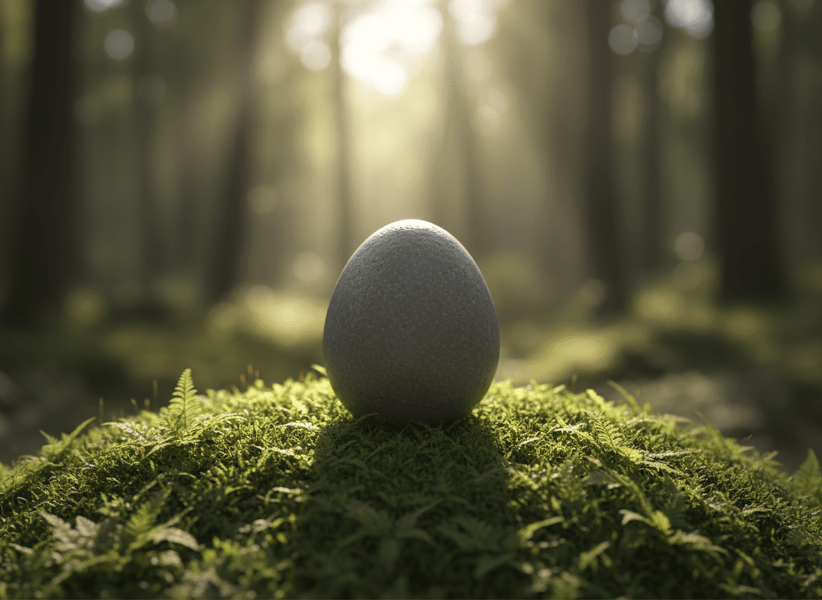 녹색 이끼 위에 놓인 매끄러운 강 돌이 있는 미니멀한 4K 배경화면으로, 숲 캐노피를 통해 햇빛이 스며듭니다.