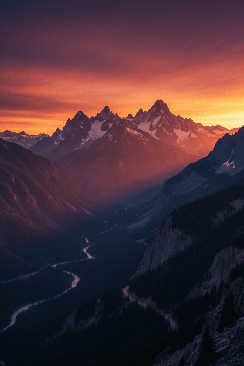 웅장한 산맥이 노을의 따뜻하고 생생한 색상으로 물든 4K 배경화면.