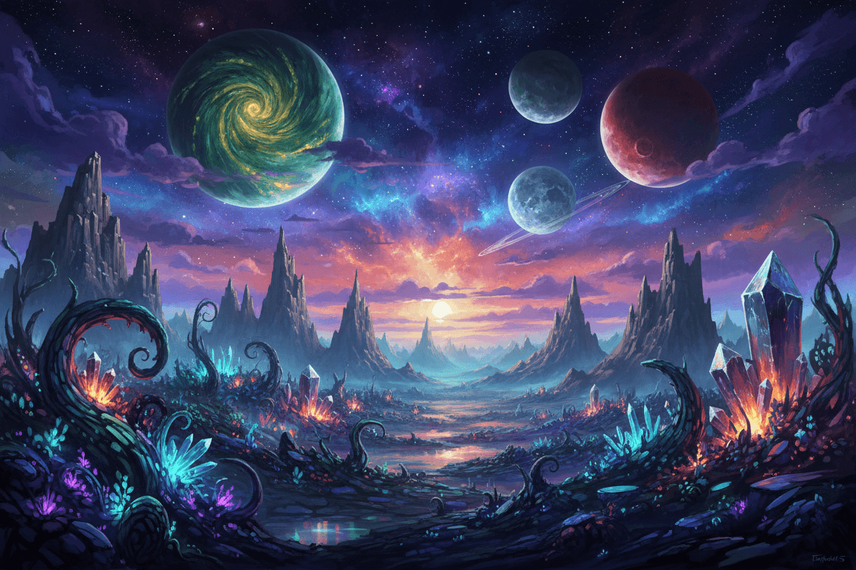 이국적인 식물과 빛나는 결정 구조, 성운이 있는 하늘, 여러 개의 달이 떠 있는 외계 행성 풍경 4K 배경화면.