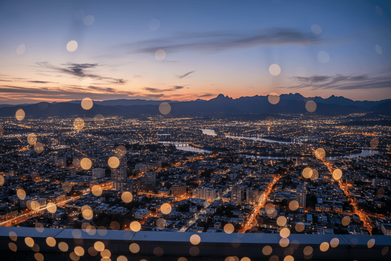 해질녘 도시의 불빛과 먼 산이 어우러진 고층 건물 옥상에서 바라본 파노라마 풍경 4K 배경화면.
