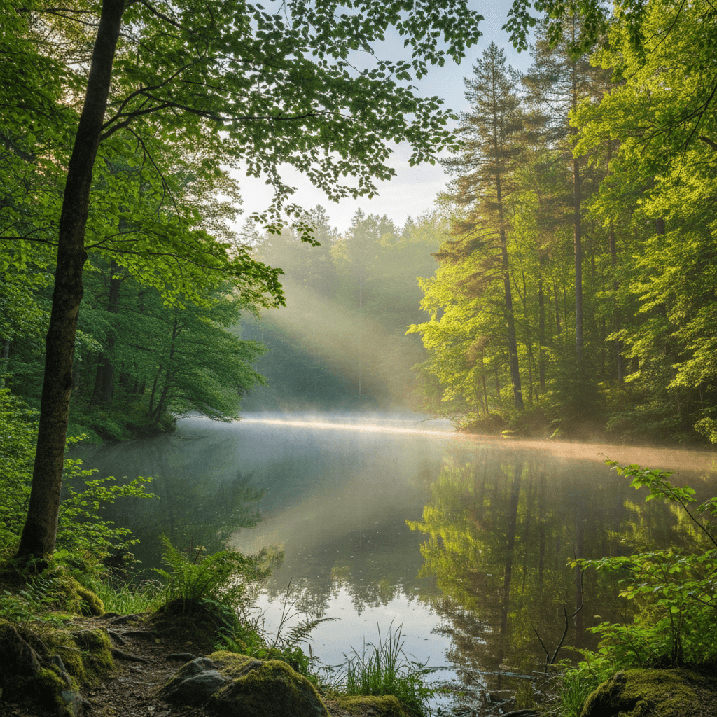 안개와 고요한 반영이 있는 고즈넉한 숲 속 호수, 나뭇잎 사이로 스며드는 햇살이 비추는 평화로운 4K 배경화면.