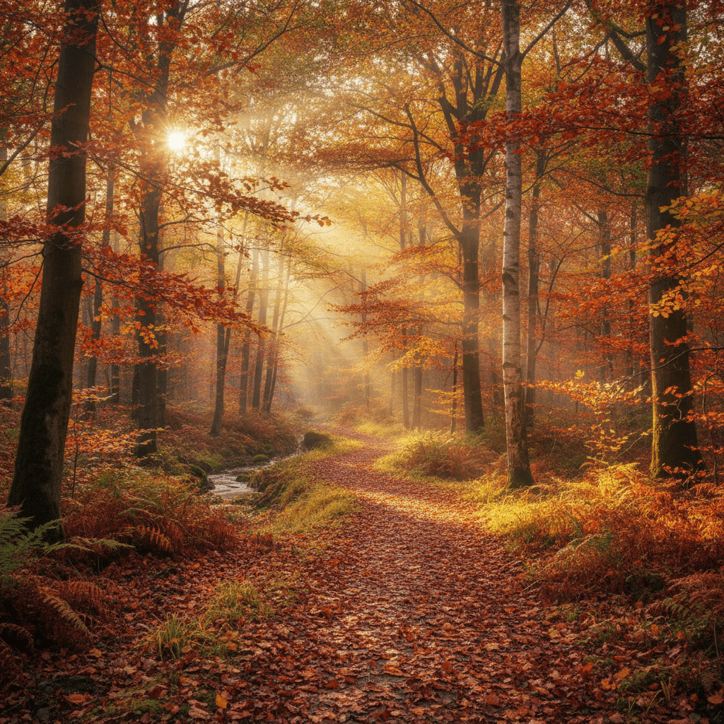낙엽으로 덮인 길과 다채로운 나뭇잎 사이로 햇살이 스며드는 생동감 넘치는 가을 숲 4K 배경화면.