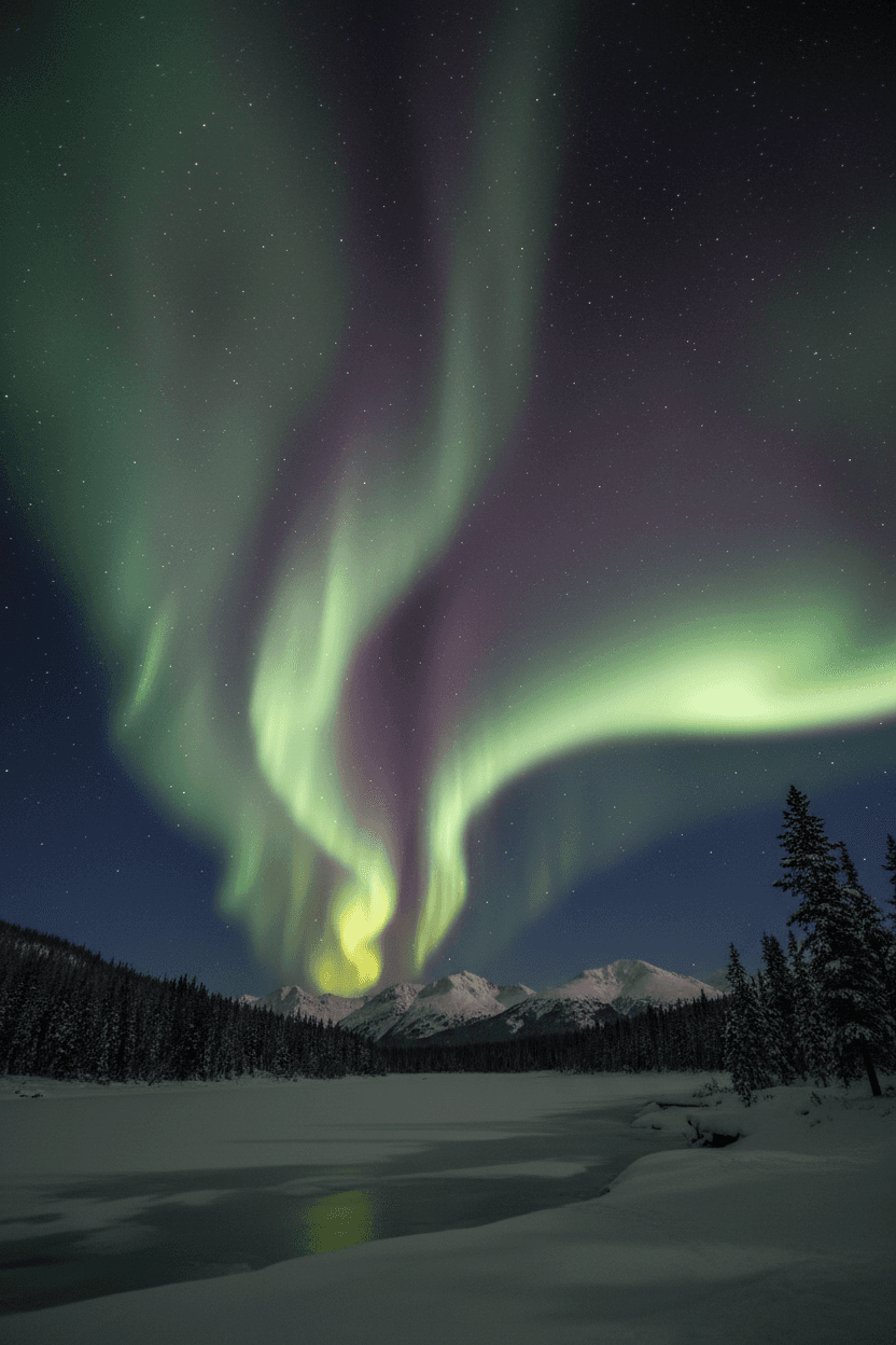 어두운 하늘을 가로지르는 생생한 초록색과 보라색의 북극광 (오로라)이 눈 덮인 풍경 위에 펼쳐진 숨 막히는 4K 배경화면입니다.
