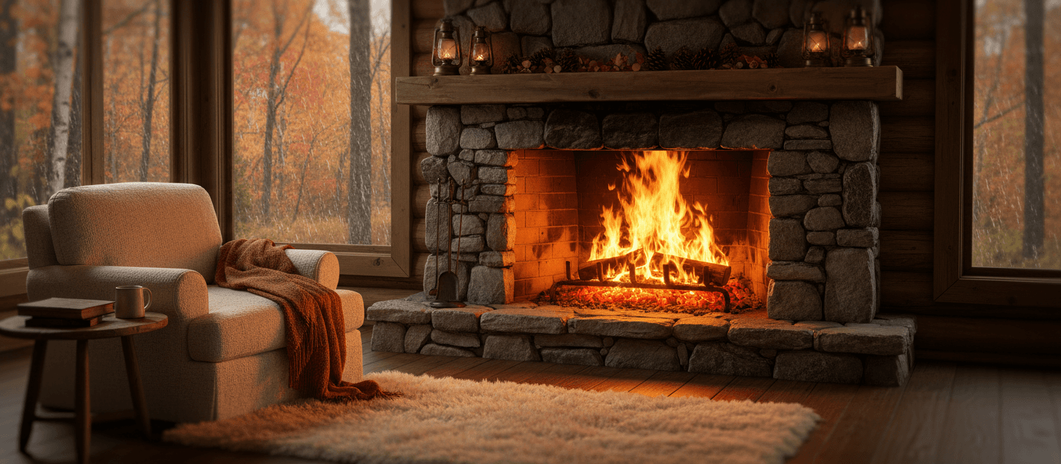 타오르는 벽난로가 있는 아늑한 4K 통나무집 배경화면, 빛나는 불씨, 따뜻한 흔들리는 불빛.