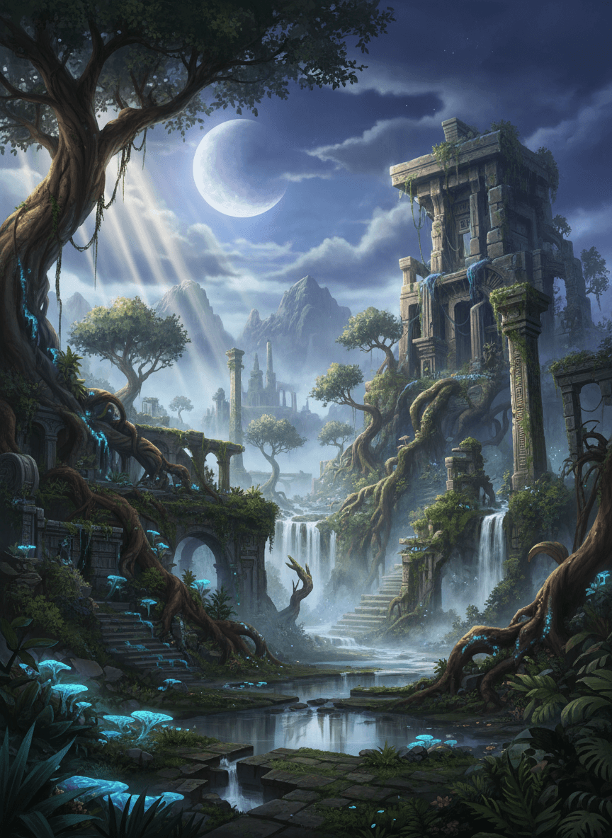 무성한 식물로 뒤덮이고 빛나는 덩굴로 얽혀 있는 고대 유적을 묘사한 신비로운 4K 배경화면, 달빛 아래.