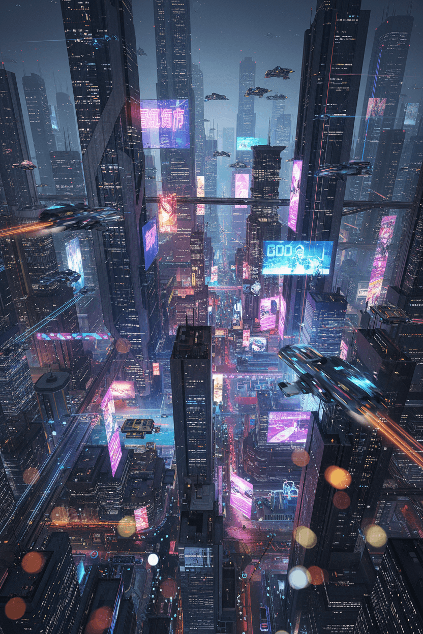 젖은 거리에 네온 불빛이 반사되고 비행 차량이 있는 역동적인 사이버펑크 도시 야경 4K 배경화면.