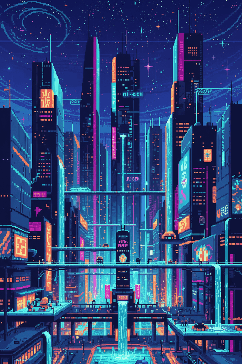 AI가 생성한 미래 도시의 생생한 픽셀 아트 이미지.