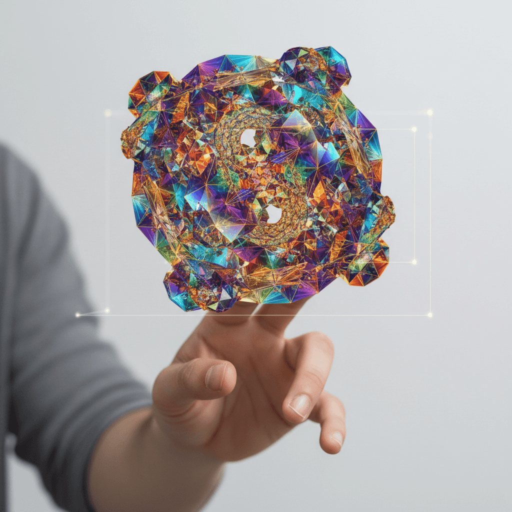 기하학적 형태의 떠다니는 AI 생성 3D 이미지와 상호작용하는 사람의 손.