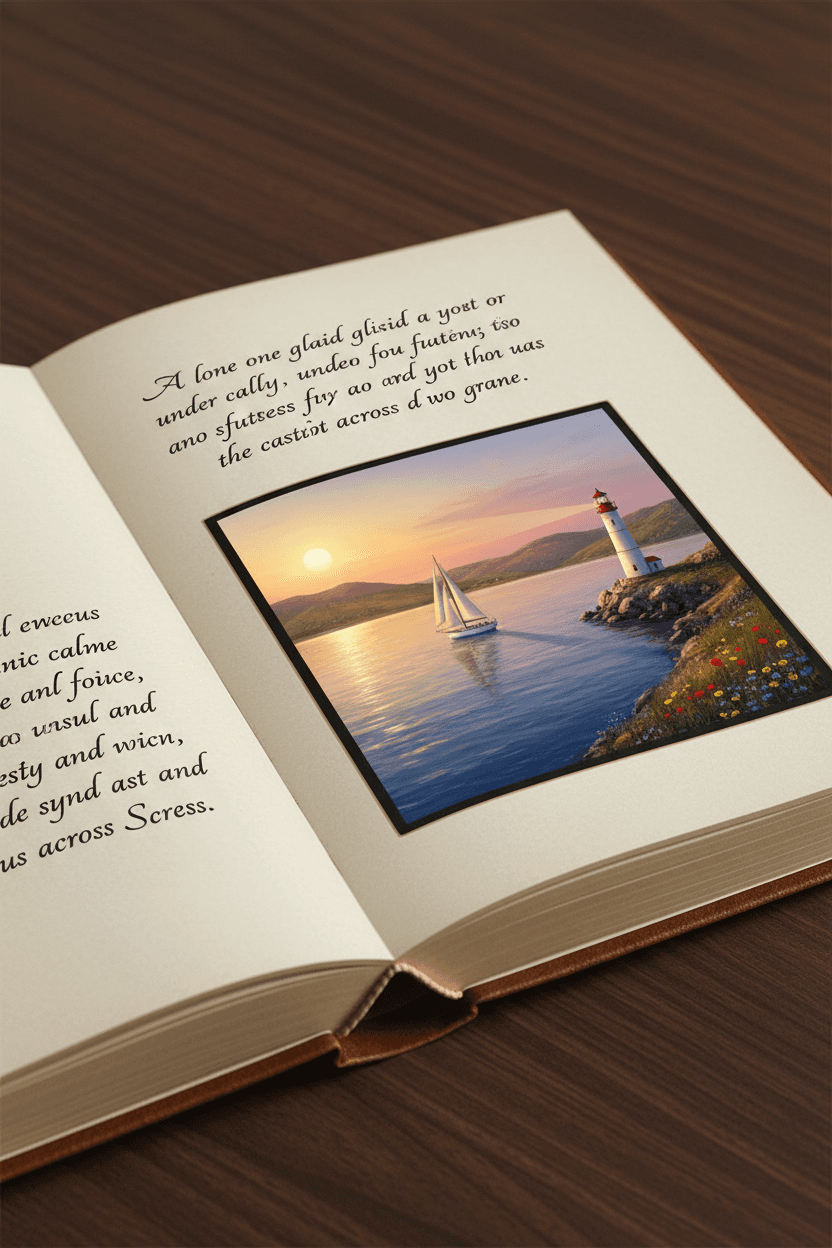 한 페이지에는 설명이, 다른 페이지에는 그 설명에 완벽하게 일치하는 AI 생성 이미지가 있는 펼쳐진 책.