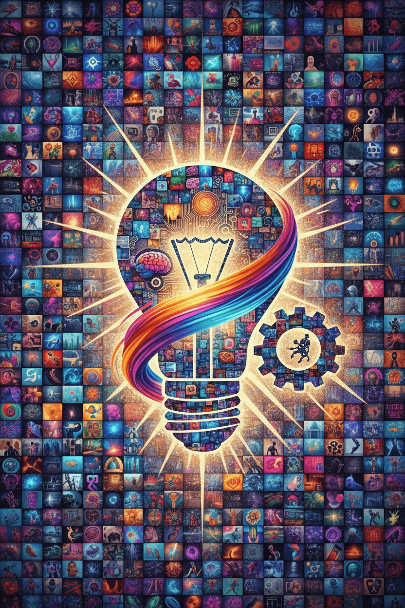 다양한 작은 AI 생성 이미지로 구성된 생생한 콜라주가 혁신과 창의성의 큰 그림을 형성한다.