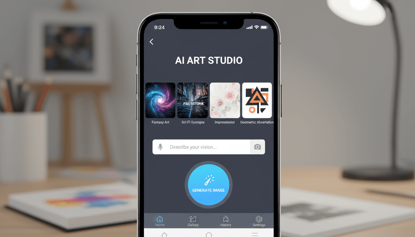 다양한 예술 스타일의 생생한 썸네일과 사용하기 쉬운 텍스트-이미지 입력 필드를 보여주는 AI 이미지 생성 모바일 앱 인터페이스.