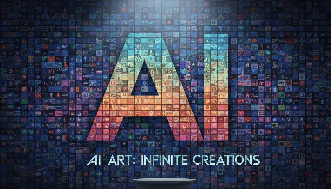 다양한 작은 AI 생성 이미지가 모여 하나의 큰 스타일화된 'A' 또는 'I'를 형성하여 AI 아트의 광범위한 가능성을 나타내는 모자이크.