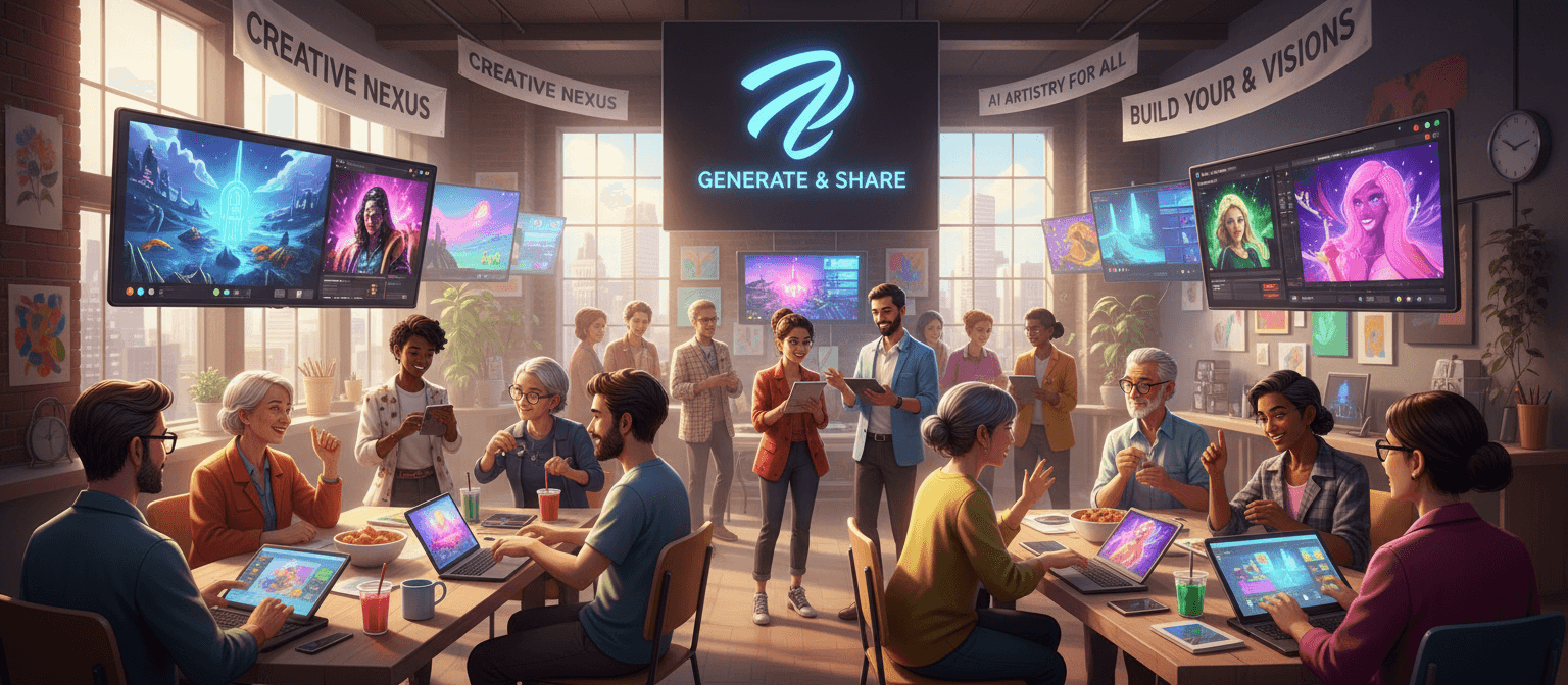 다양한 사람들이 AI 이미지 생성 사이트를 사용하여 협력하고 독특한 시각 자료를 만든다.