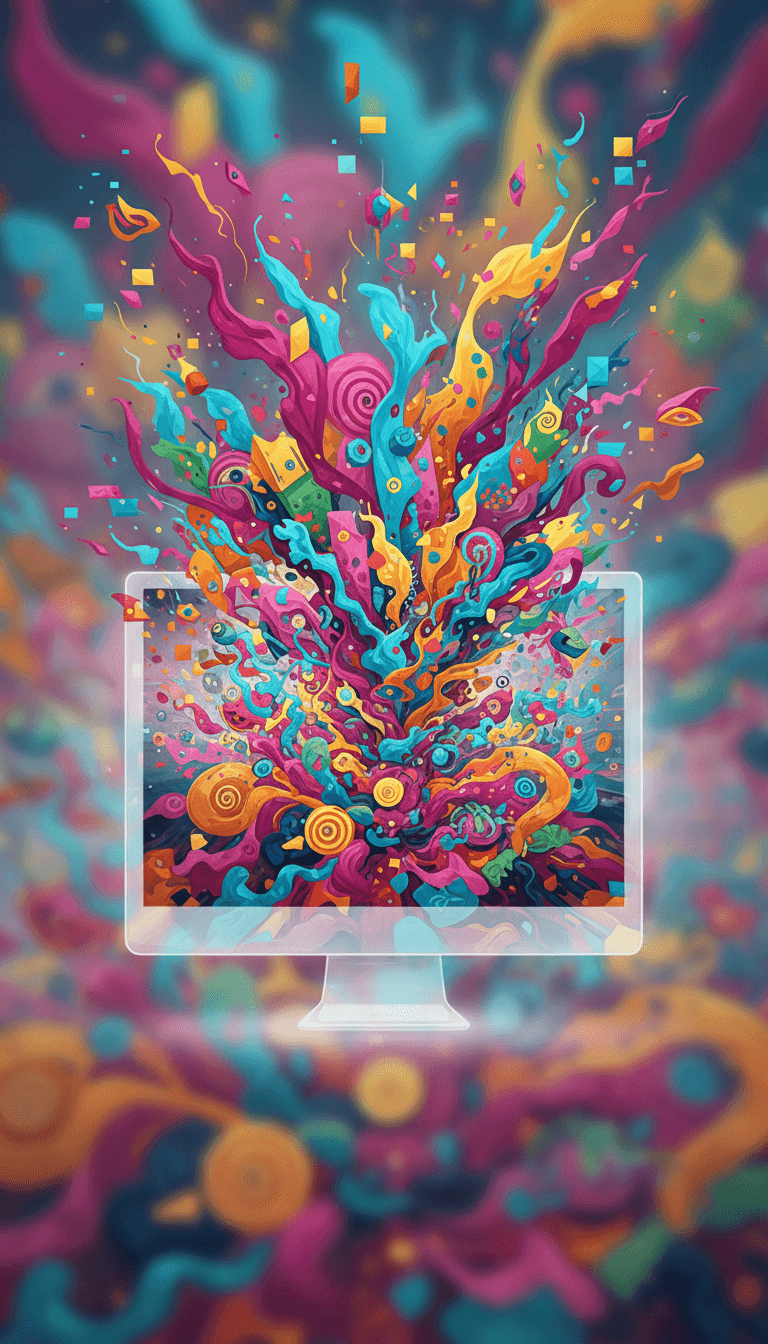 디지털 모니터에서 폭발하는 생생한 색상과 형태, AI 이미지 생성 플랫폼의 창의적 잠재력을 상징.
