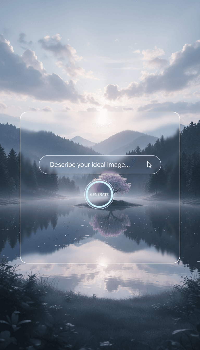 AI가 생성한 숨막히게 고요한 자연 경관을 보여주는 미니멀한 AI 이미지 생성 인터페이스.