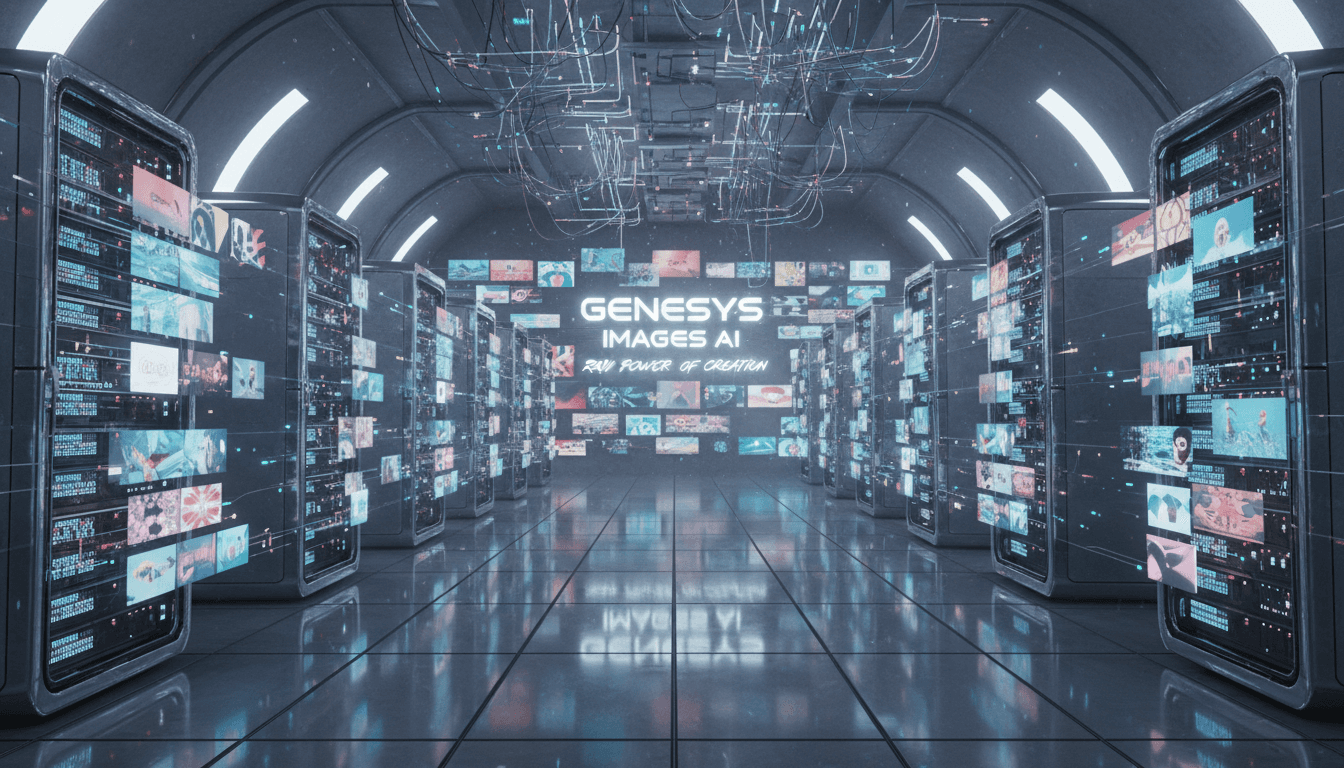 미래형 데이터 센터 내부, 빛나는 서버가 AI 생성 이미지를 벽과 바닥에 투사하며 사이트의 힘을 표현.