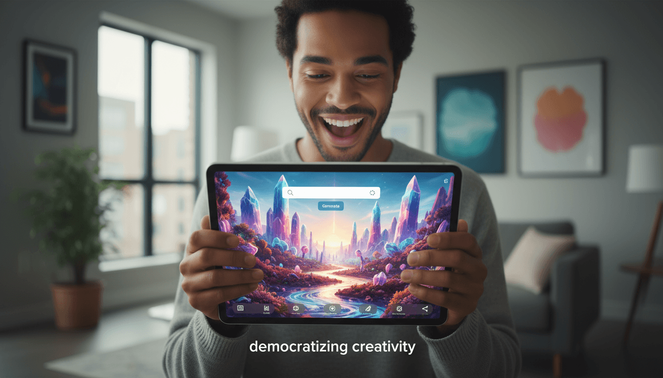자신이 방금 만든 멋진 AI 생성 이미지를 태블릿으로 보며 미소 짓는 사람, 사이트의 창조적 힘을 반영.