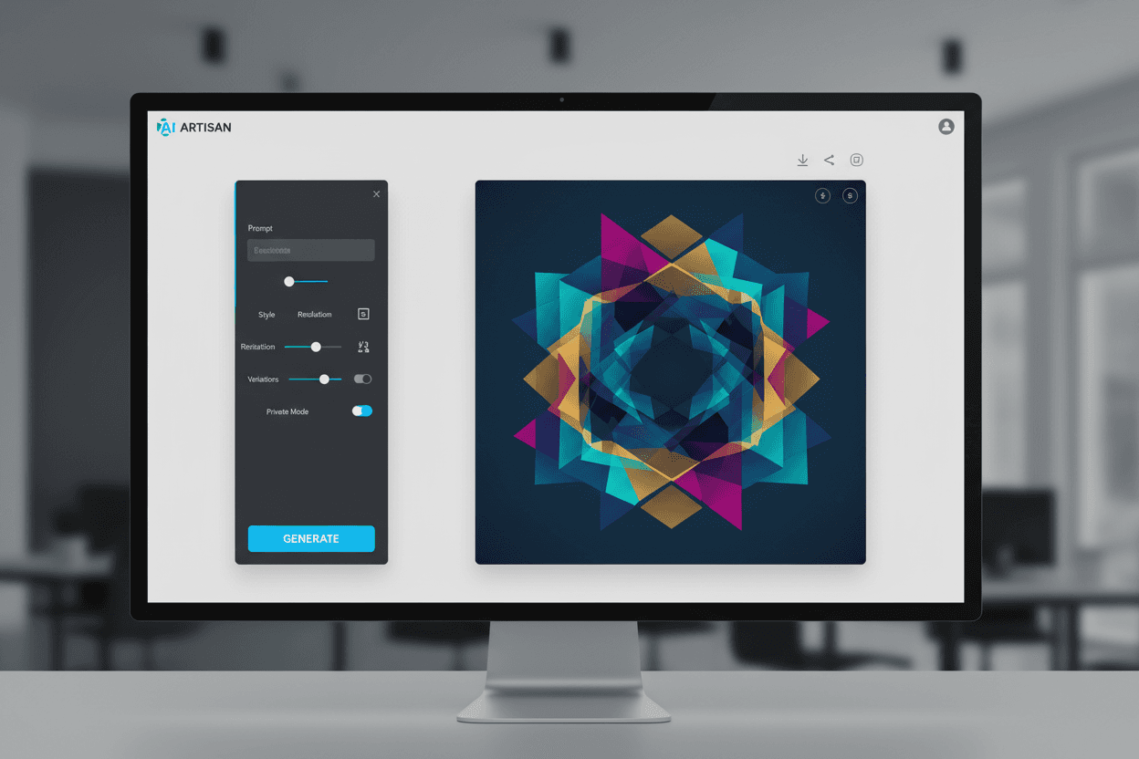 직관적인 컨트롤을 갖춘 세련된 미니멀리스트 AI 이미지 생성 사이트 UI로, 최근 생성된 추상 기하학적 예술 작품을 표시.