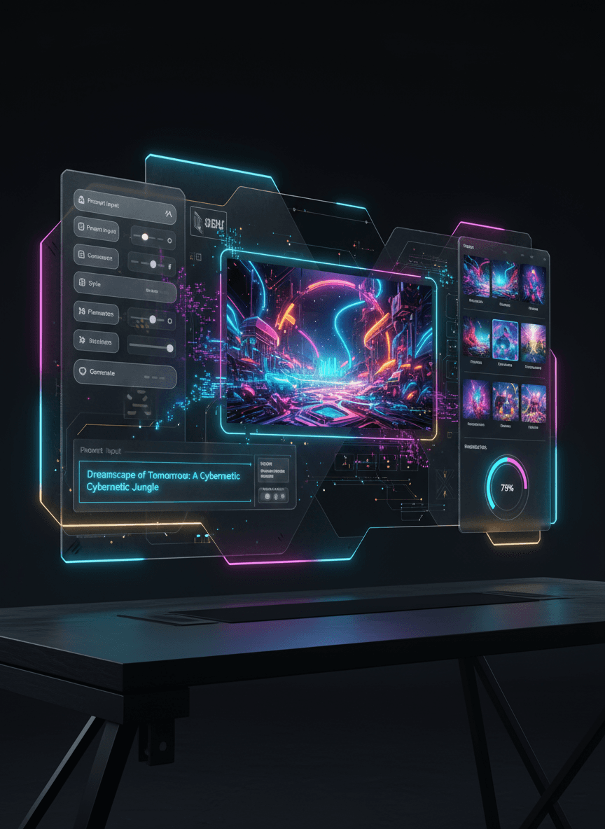 네온 불빛과 함께 실시간 디지털 아트가 생성되는 미래 지향적인 AI 이미지 생성 웹사이트 인터페이스.