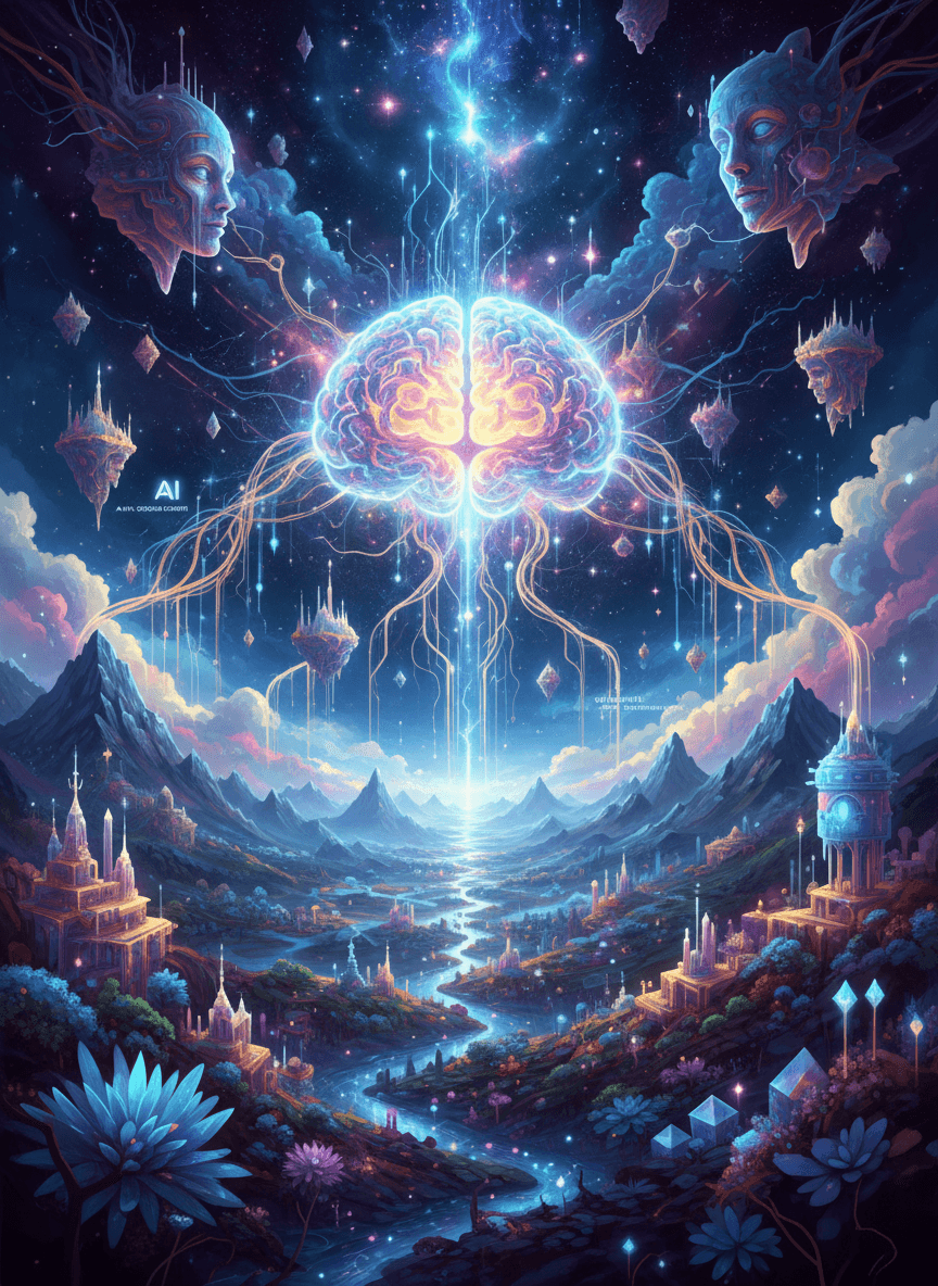 환상적인 풍경을 생성하는 추상적인 신경망, AI 이미지 생성 사이트를 상징한다.