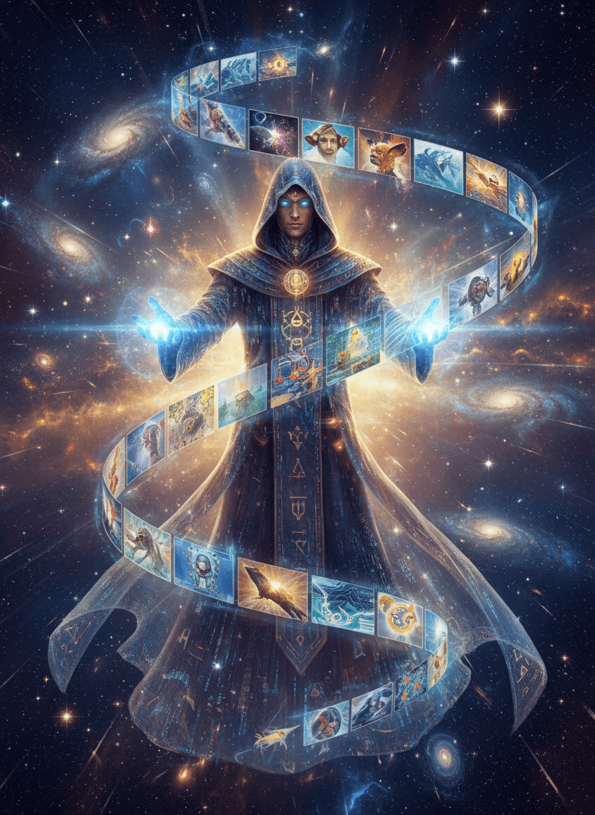 빛나는 손으로 공중에서 AI 생성 이미지를 만들어내는 장엄한 디지털 마법사, 우주 배경.