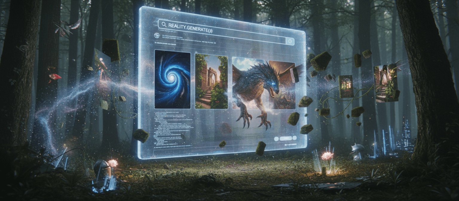 웹사이트처럼 빛나는 디지털 포털에서 다양한 AI 생성 이미지가 현실로 흘러나오는 모습.