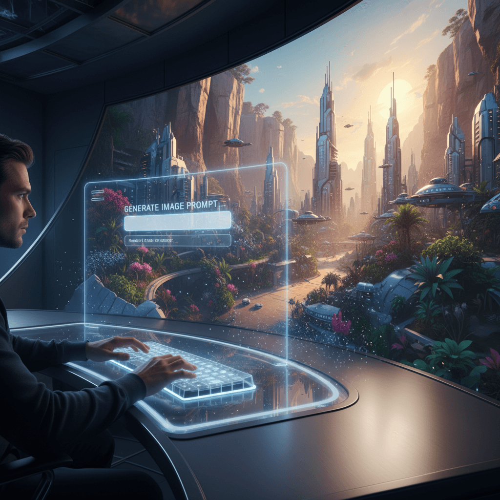 사용자가 미래지향적인 AI 이미지 생성 웹사이트에 프롬프트를 입력하고, 놀라운 사진 같은 이미지가 나타나는 모습.